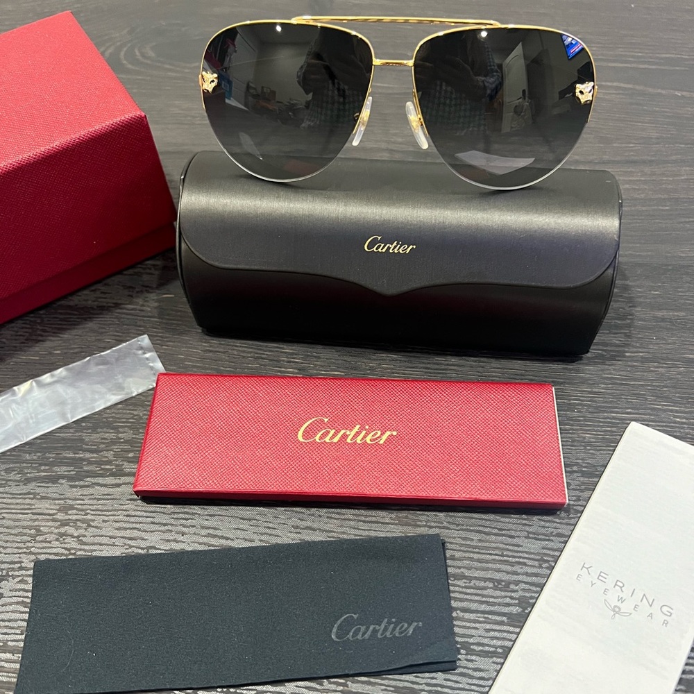 Panthere De Cartier Aviator Sunglasses with original receipt blue lenses